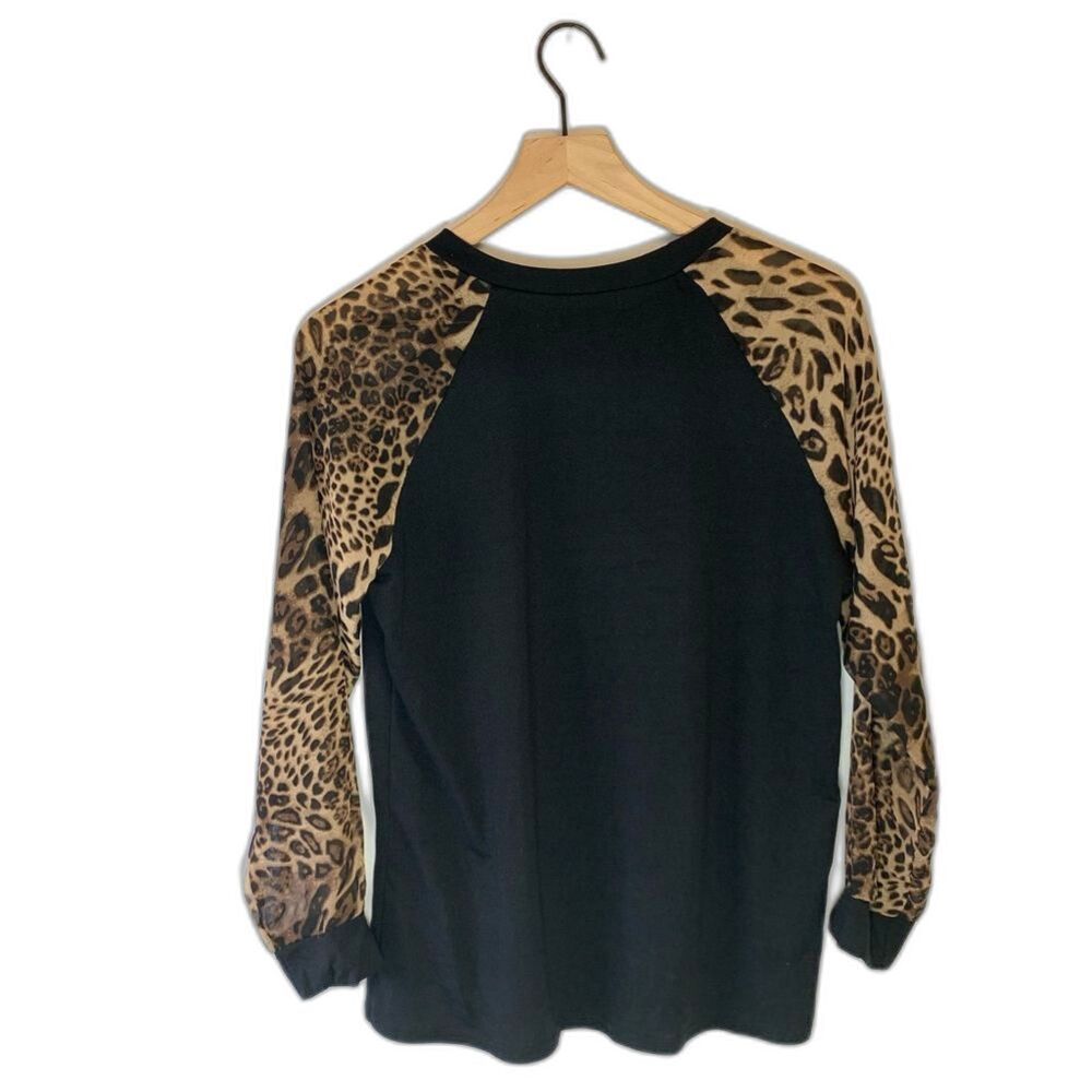 Womens XL Black Top Leopard Sheer Sleeves Raglan Long Sleeve Blouse - Picture 3 of 4